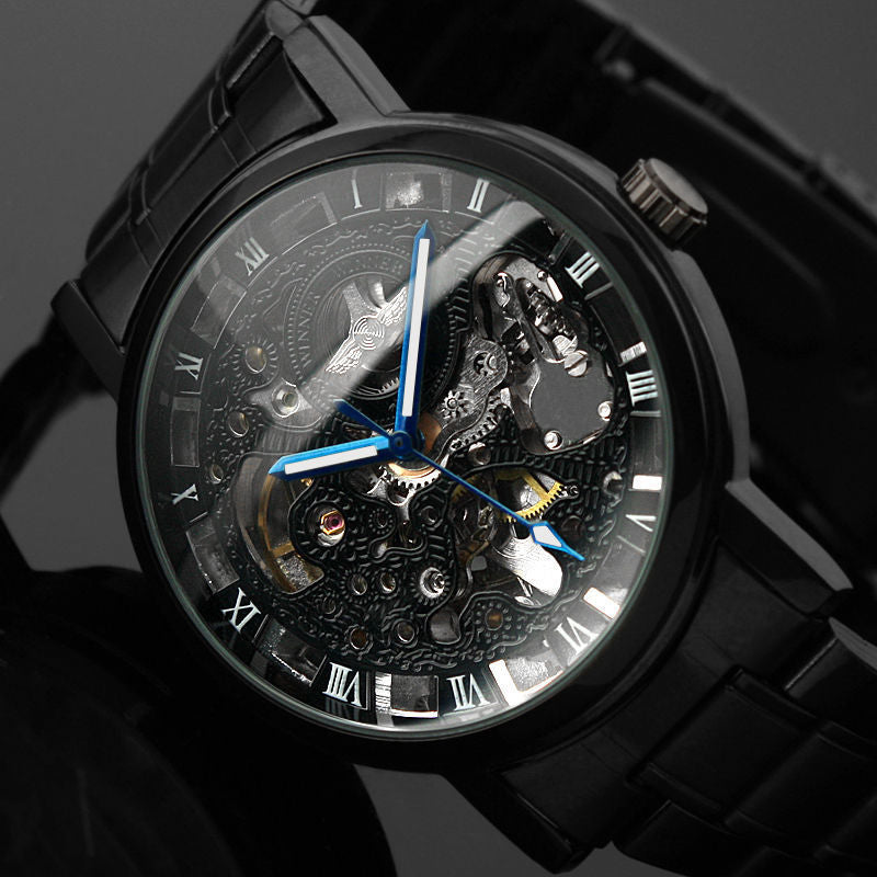 2016 New Black Men's Skeleton WristWatch Stainless steel Antique Steampunk watch