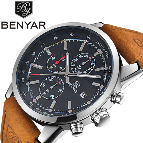Benyar Men Watch Top Brand Luxury Male Leather Waterproof Sport Quartz Chronograph Military Wrist Watch Men Clock relogio
