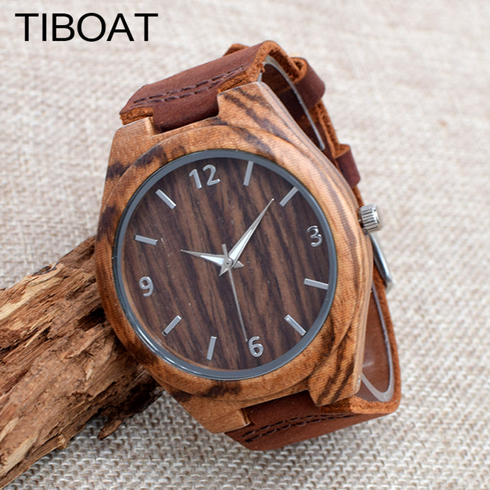 TIBOAT Real Leather Strap Men Watches Top brand Men's Bamboo Wooden Bamboo Watch Quartz With Gift Box