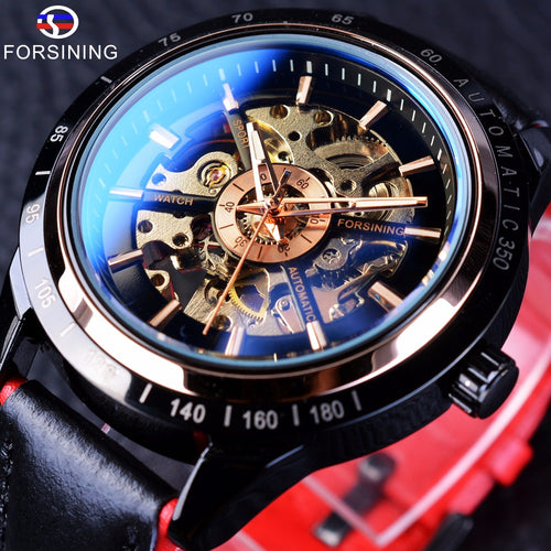 Forsining Motorcycle Design Transparent Genuine Red Black Belt Waterproof Skeleton Men Automatic Watches Top Brand Luxury Clock