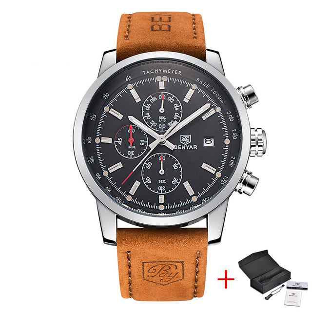 Benyar Men Watch Top Brand Luxury Male Leather Waterproof Sport Quartz Chronograph Military Wrist Watch Men Clock relogio