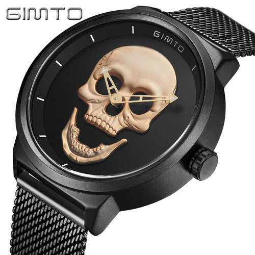 GIMTO Cool Skull Men Watch Luxury Brand Quartz Creative Clock Steel Black Military Female Male Wrist Watches relogio masculino