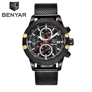 BENYAR Sport Chronograph Fashion Watches Men Mesh & Rubber Band Waterproof Luxury Brand Quartz Watch Gold Saat dropshipping