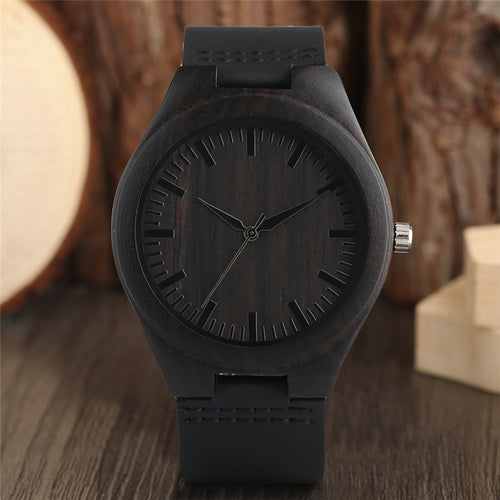 Modern Full Black Men's Ebony Wood Watch Quartz Hand-made Bamboo hombre Wristwatch with Genuine Leather Watchband Gift for Men