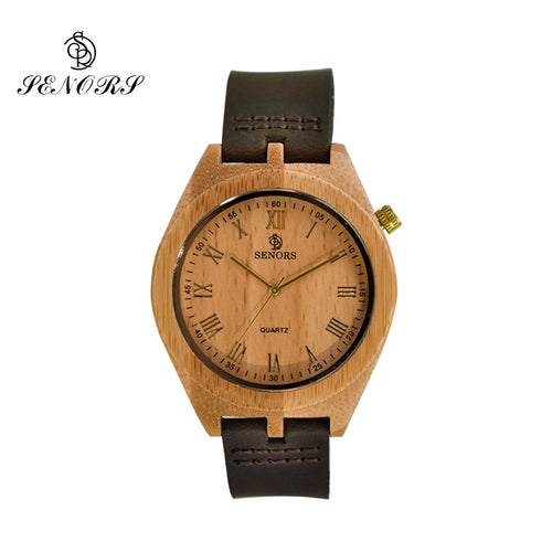 Fashion Quartz Wooden Watch Luxury Men Watches Wood Leather Watches Bamboo Dress Wristwatch for Male Relogio Masculino by SENORS