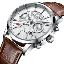 CUENA Luxury Men Watches Leather Strap Stopwatch Luminous Hands Calendar 30M Waterproof Men's Wristwatch Quartz Male Watch Brown