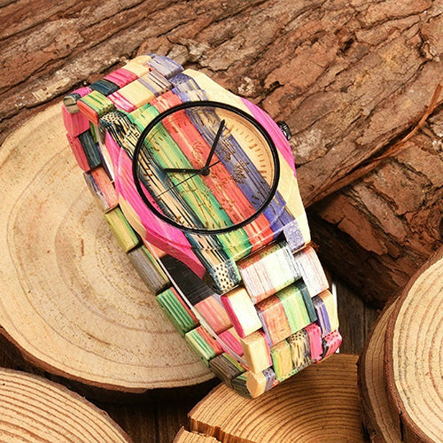 Men's Full Painted Bamboo Wood Strap Analog Movement Quartz Casual Wrist Watch